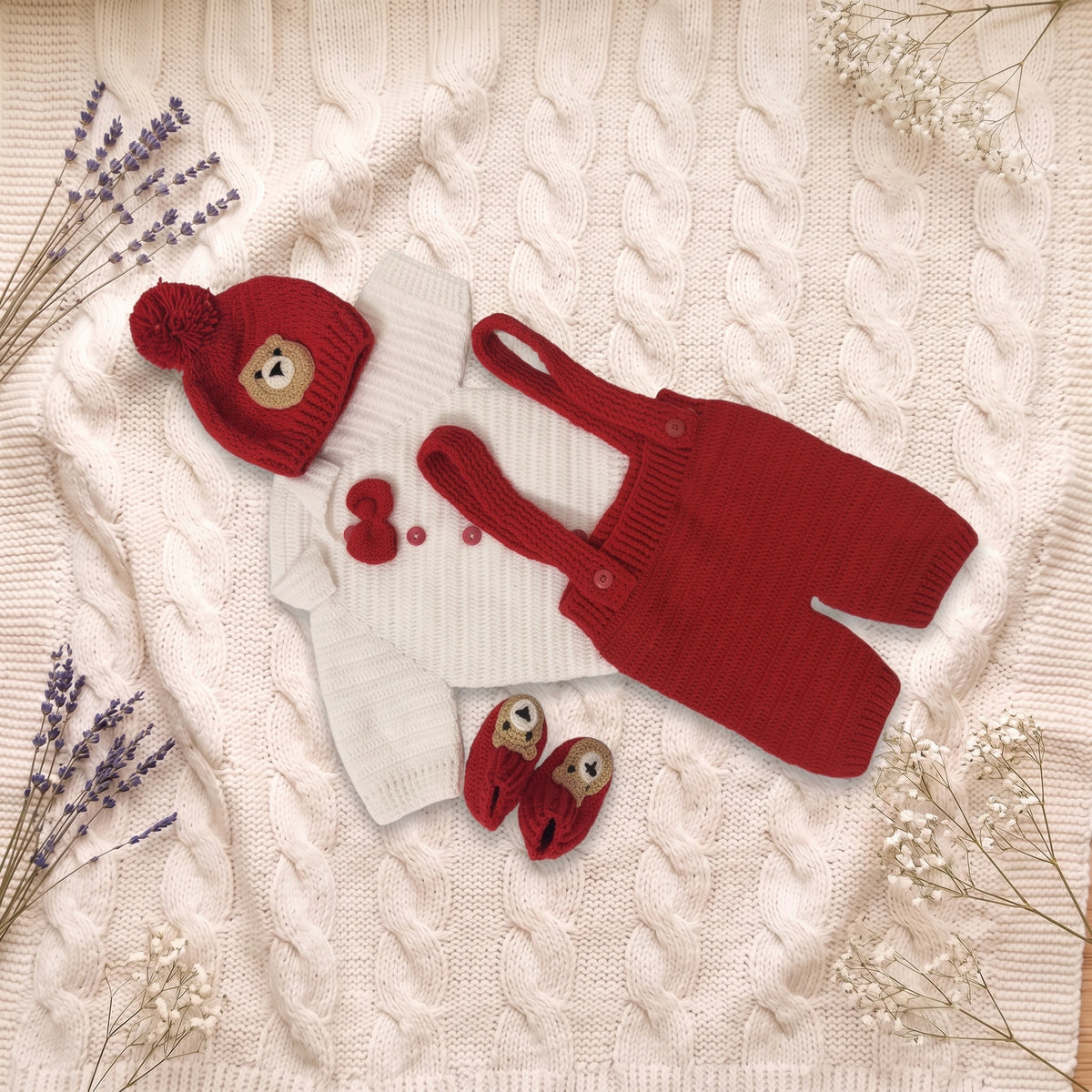 Crochet Baby Red Bear Outfit Set
