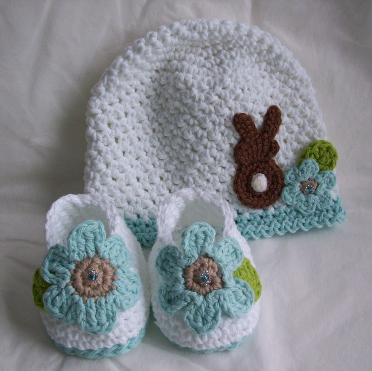 Handmade crochet baby aqua bunny cap and booties set