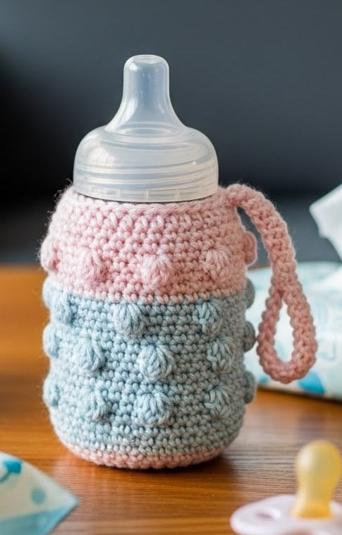 Handmade crochet baby feeder cover in blue with pink roses