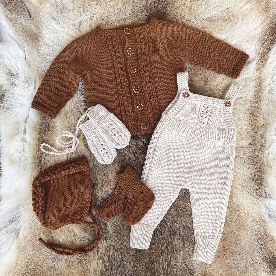 Crochet baby brown cardigan and dungaree set
