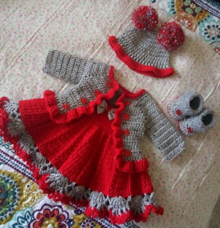Crochet baby girl dress set with hat and booties in red and grey