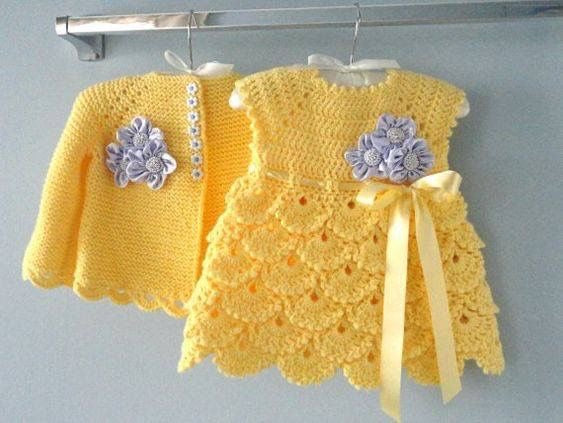 Crochet baby girl dress and cardigan set in yellow