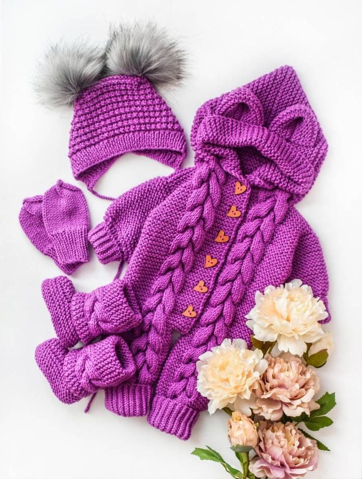 Crochet baby purple hooded romper with cap, mittens and booties