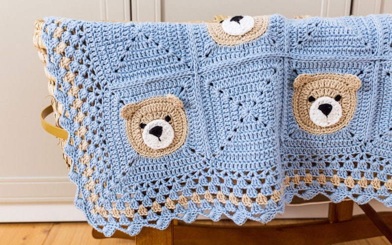 Blue crochet baby teddy bear blanket, close view
