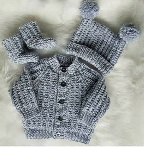 Handmade crochet baby cardigan set with pom pom hat and booties in grey