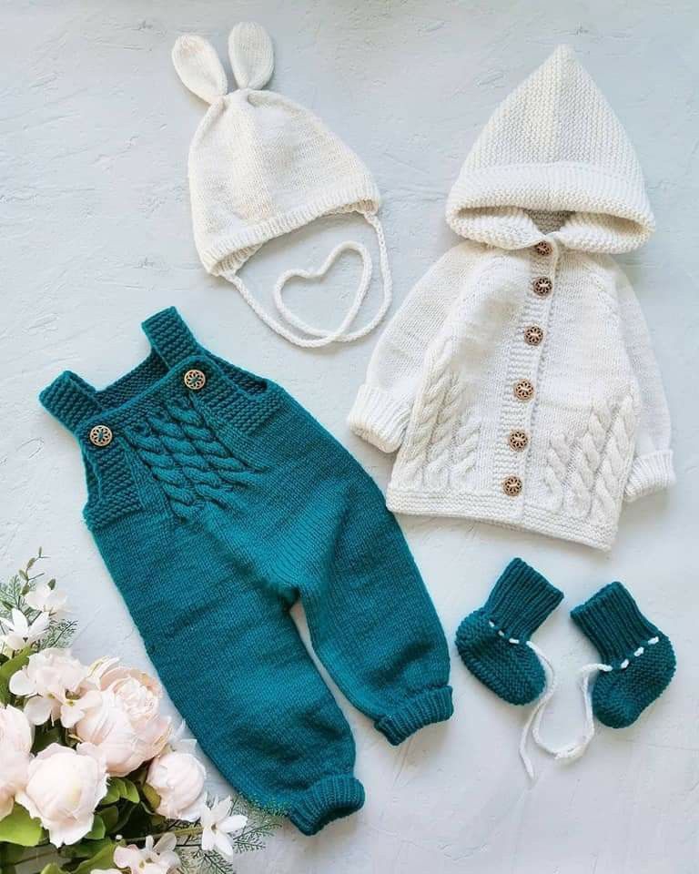 Handmade crochet baby hooded cardigan and dungaree set with bunny ear hat and booties in teal and cream