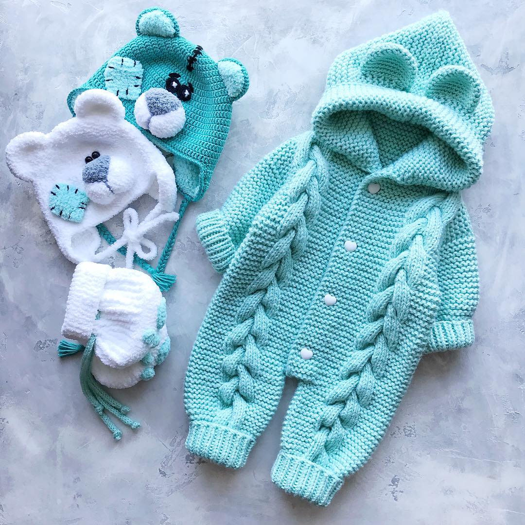 Handmade crochet baby romper set with bear ear hood, hat and mittens in mint green