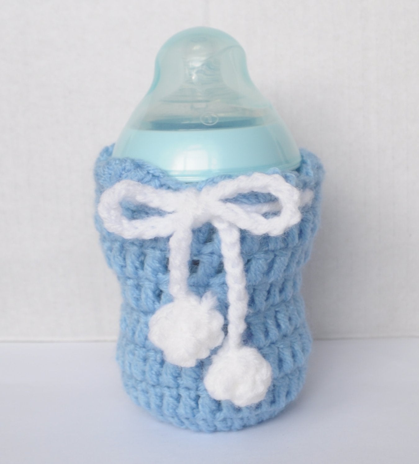 Crochet Baby White Bow Blue Feeder Cover