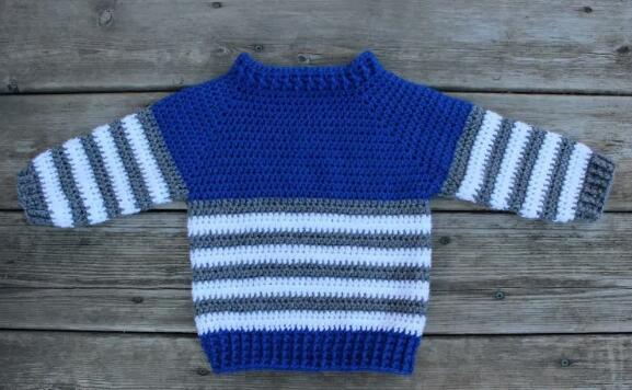 Crochet baby blue and white striped sweater