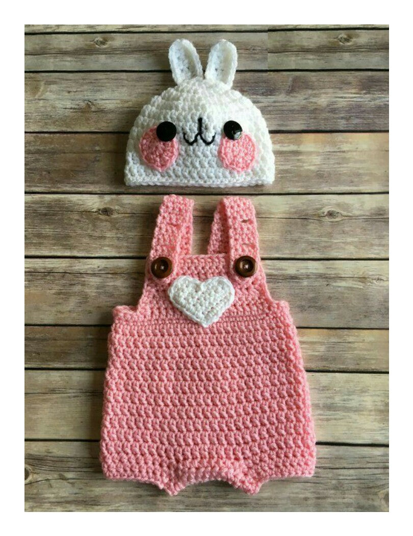Crochet baby pink dungaree romper with bunny ear hat
