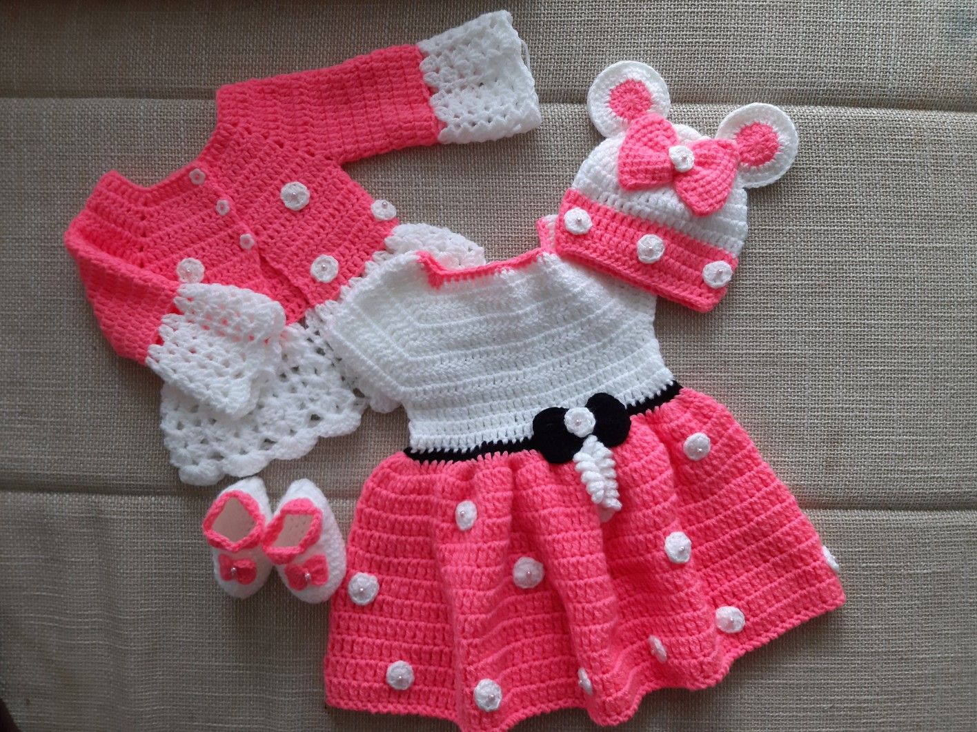 Crochet baby girl white and pink dress with pink bunny hooded cardigan