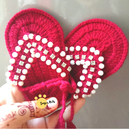 Maroon crochet baby girl pearl sandals with rhinestones