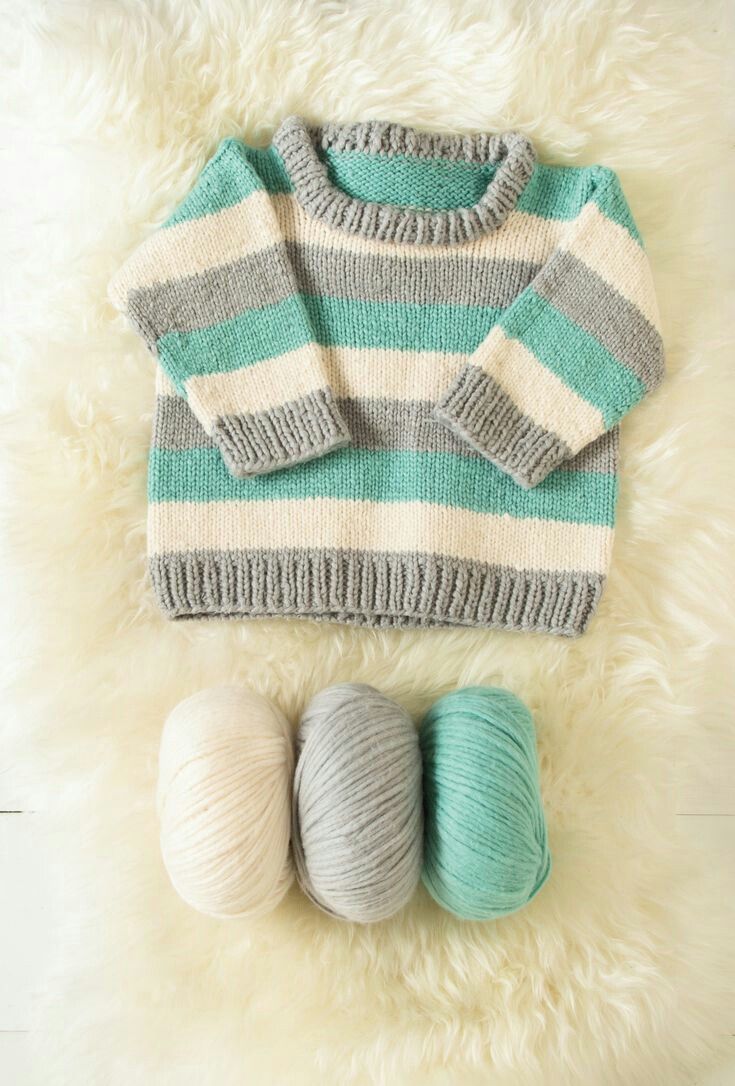 Crochet baby striped sweater in mint, grey and cream