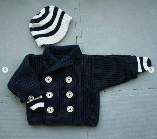 Handmade crochet baby boy navy double breasted cardigan and striped hat set