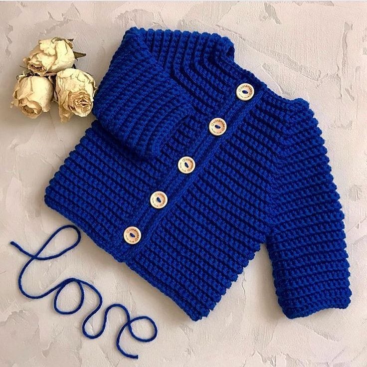 Handmade crochet baby boy ribbed cardigan in royal blue with wooden buttons