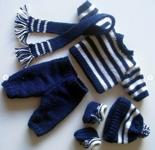 Handmade crochet baby boy striped set with sweater, pants, hat, booties and scarf in navy and white