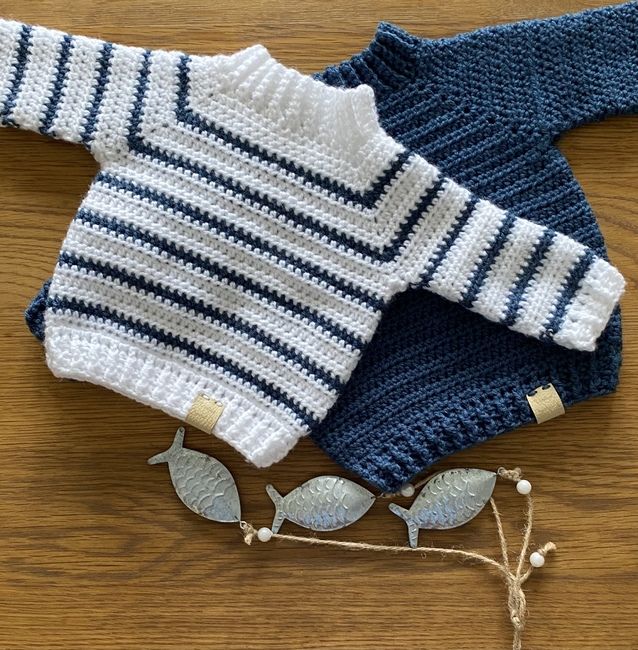 Handmade crochet baby boy sweater in navy blue and white stripes