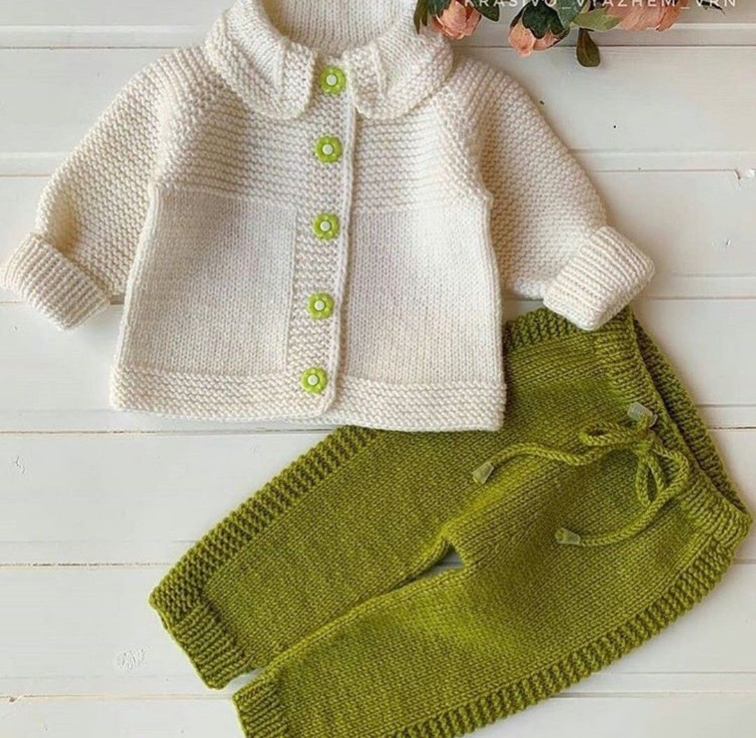 Handmade crochet baby cardigan and pants set in cream and olive green
