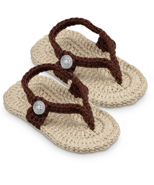 Handmade crochet baby flip flop sandals in beige and brown with button detail