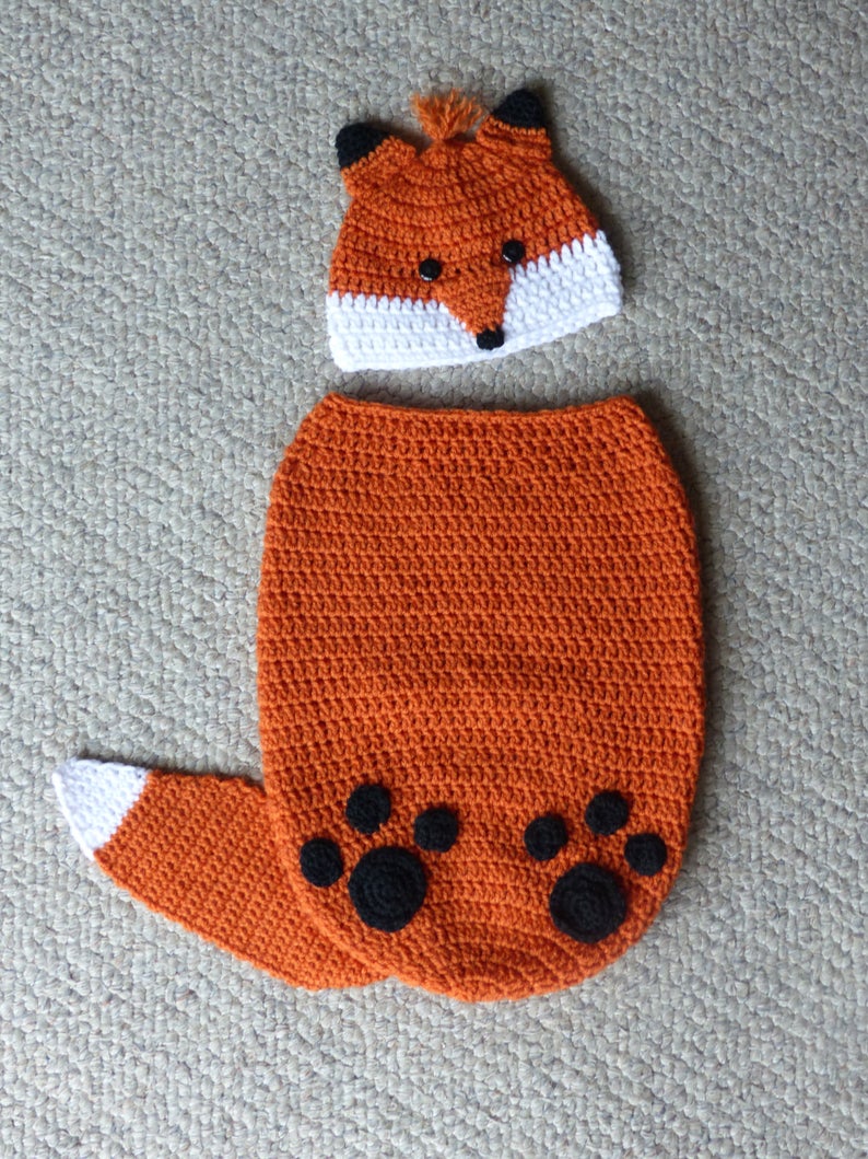 Handmade crochet baby fox cocoon set in orange and white including cocoon and fox hat