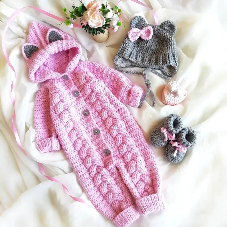 Handmade crochet baby girl bear hooded romper set in pink and grey including romper, hat and booties