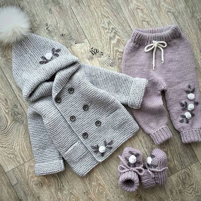 Handmade crochet baby girl cardigan set with pants and booties in grey and mauve