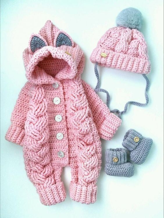 Handmade crochet baby girl pink hooded romper with cat ears, grey hat and booties