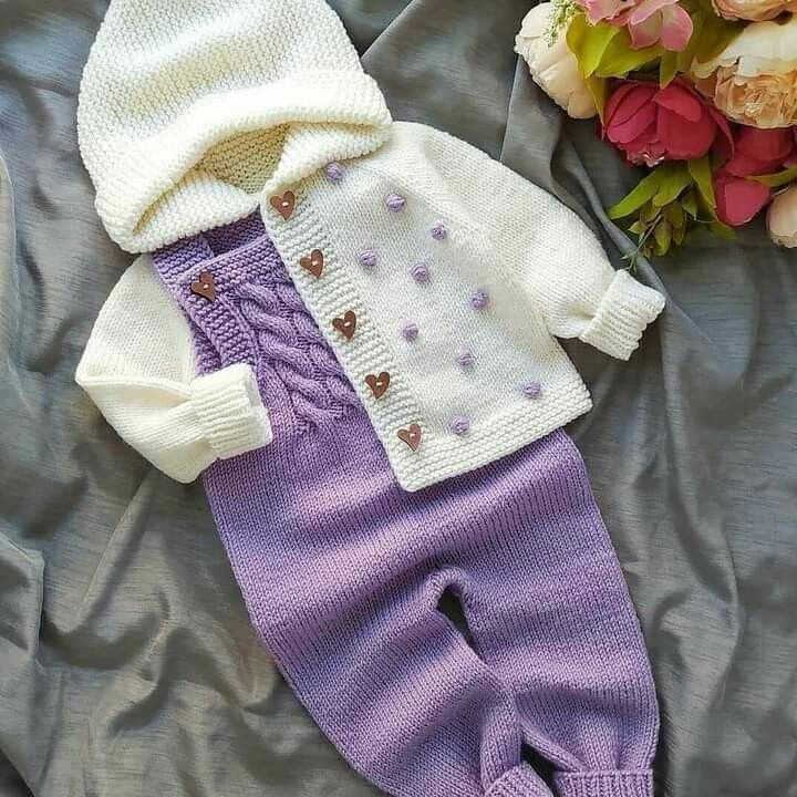 Handmade crochet baby girl hooded cardigan and dungaree set in white and lilac
