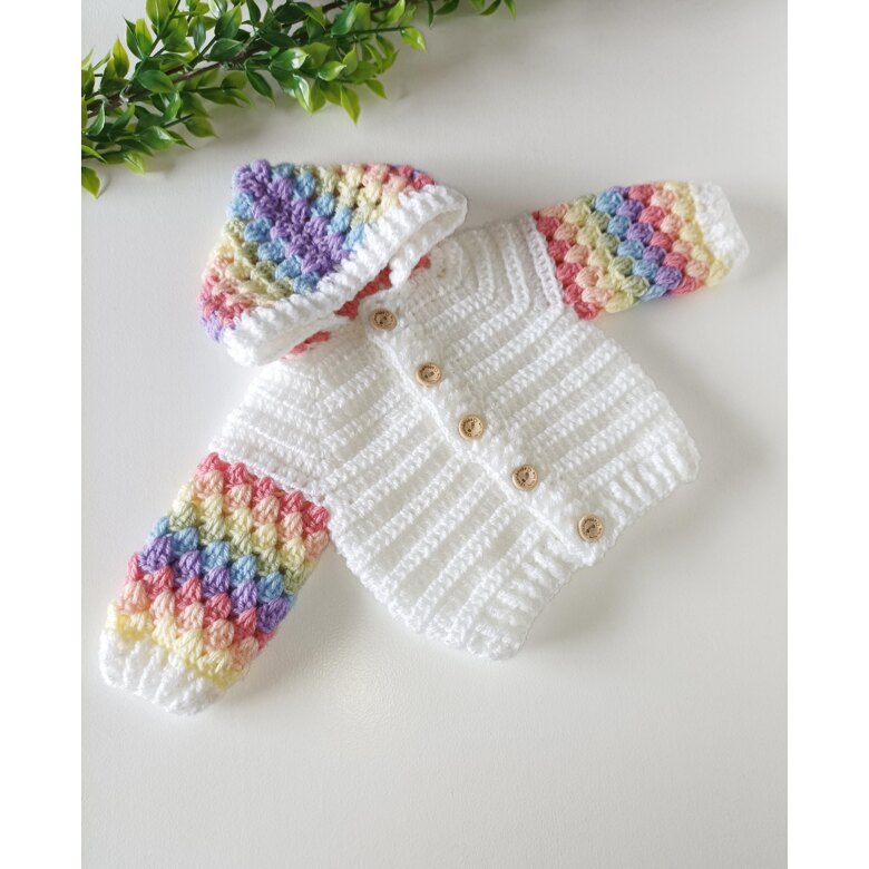 Handmade crochet baby hooded cardigan in white with rainbow colored sleeves and hood