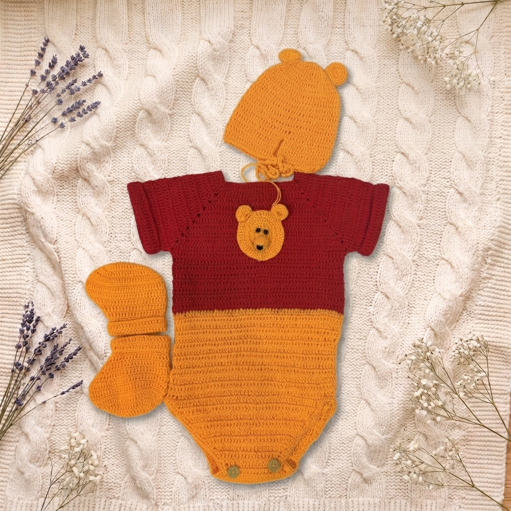 Crochet Baby Red and Yellow Bear Romper Set