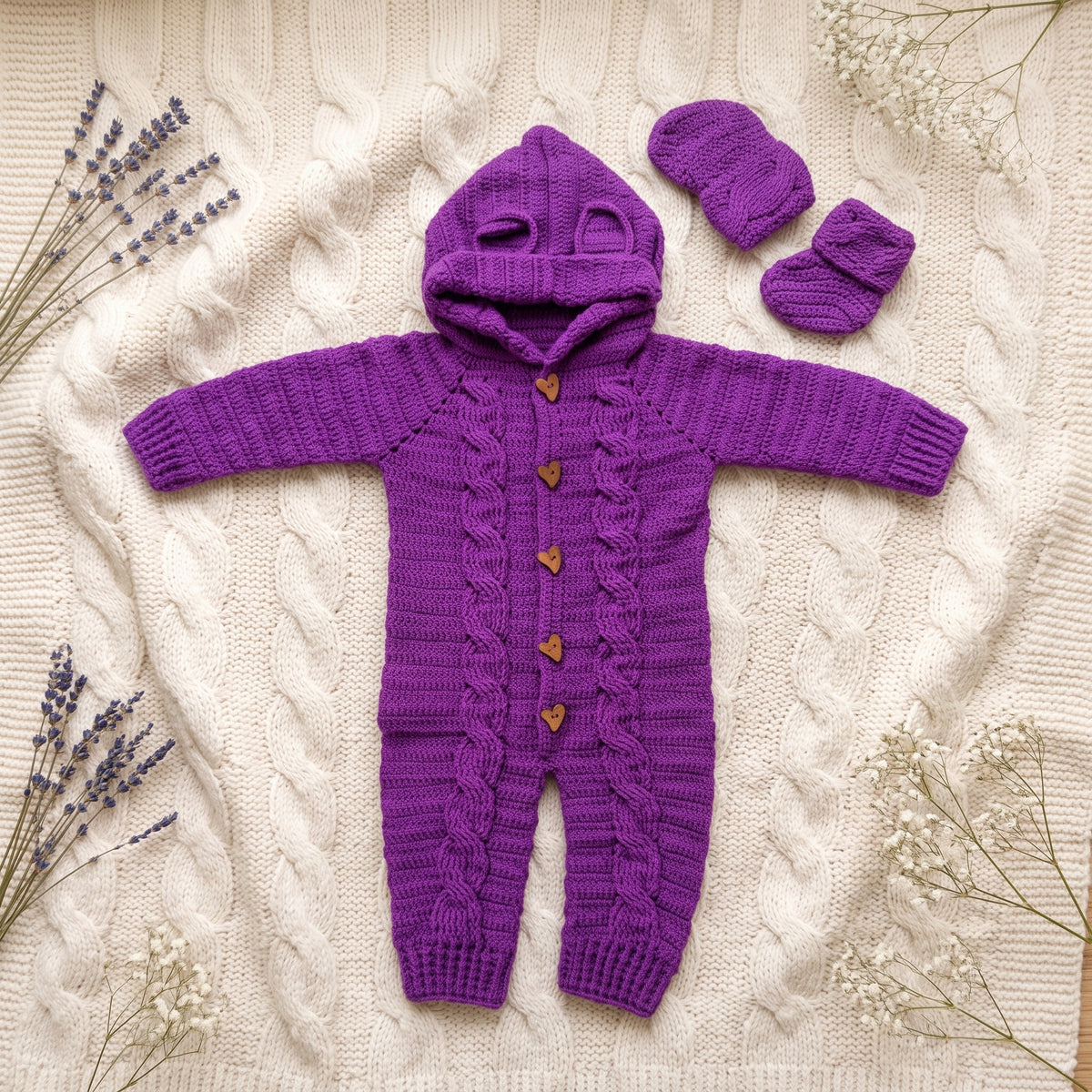 Crochet Baby Purple Bear Hooded Romper and Booties Set