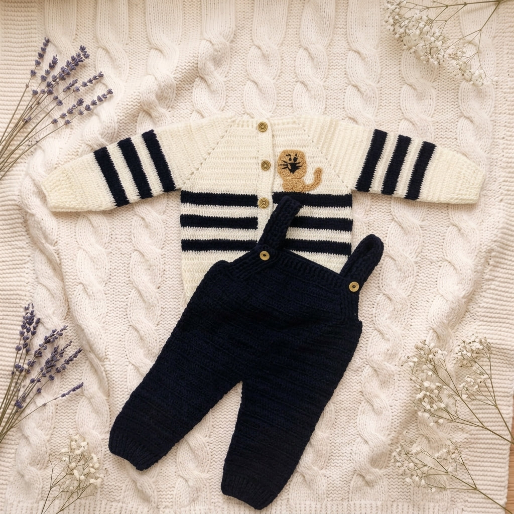 Crochet Baby Blue Cardigan and Dungaree Set