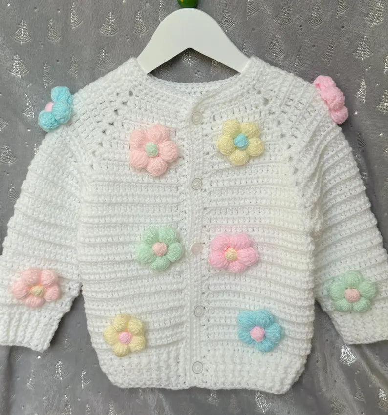 Crochet baby floral cardigan in pink and white