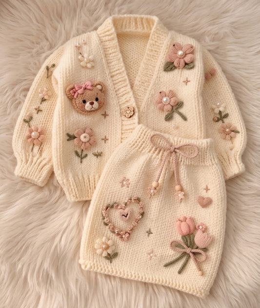 Cream crochet baby girl sweater and skirt set with teddy bear, pink flower, heart and tulip details