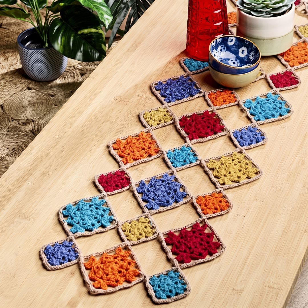 Crochet Fall Colors Table Runner in warm autumn tones
