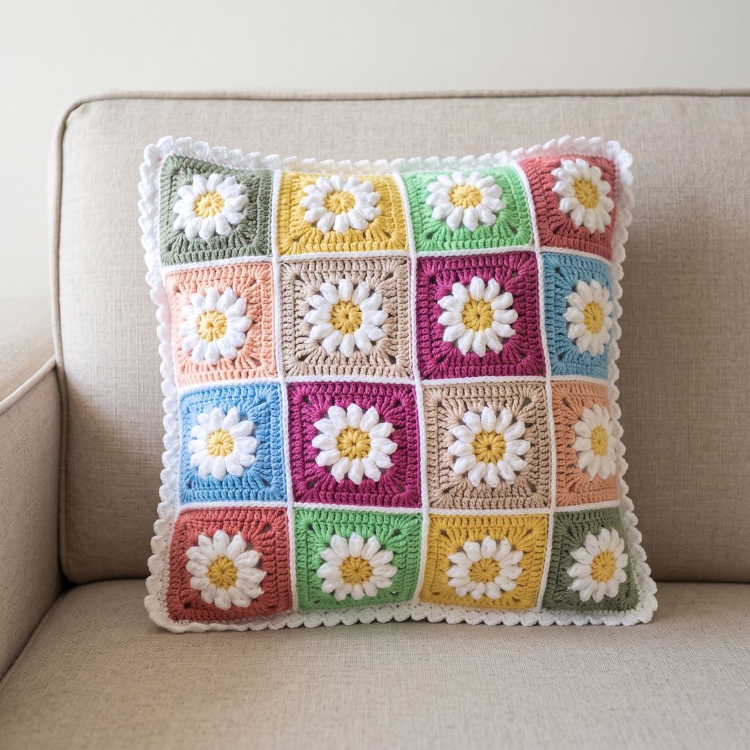Crochet Floral Bliss Cushion Covers with intricately stitched vibrant flowers