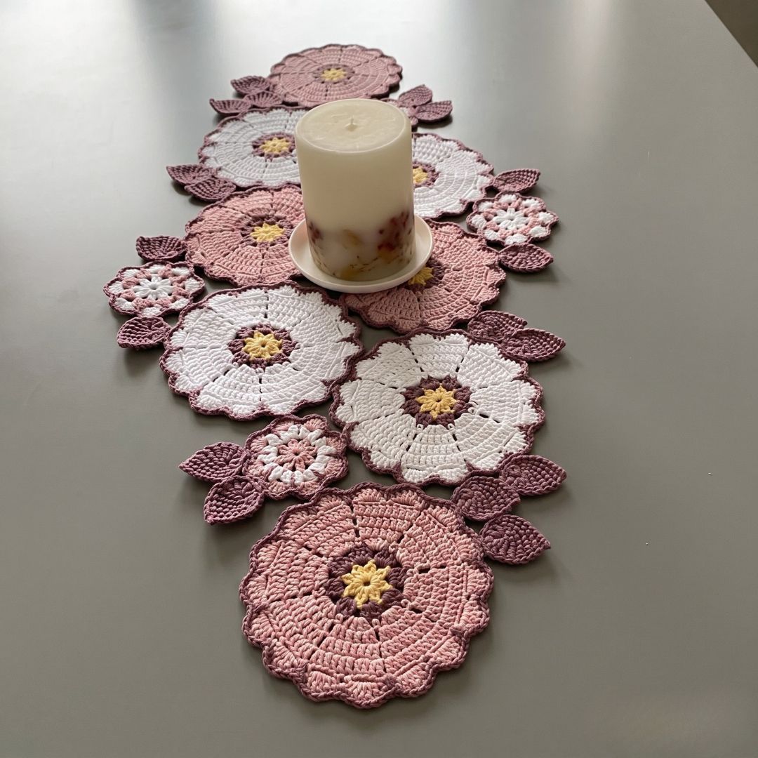 Crochet Floral Pink Hues Table Runner