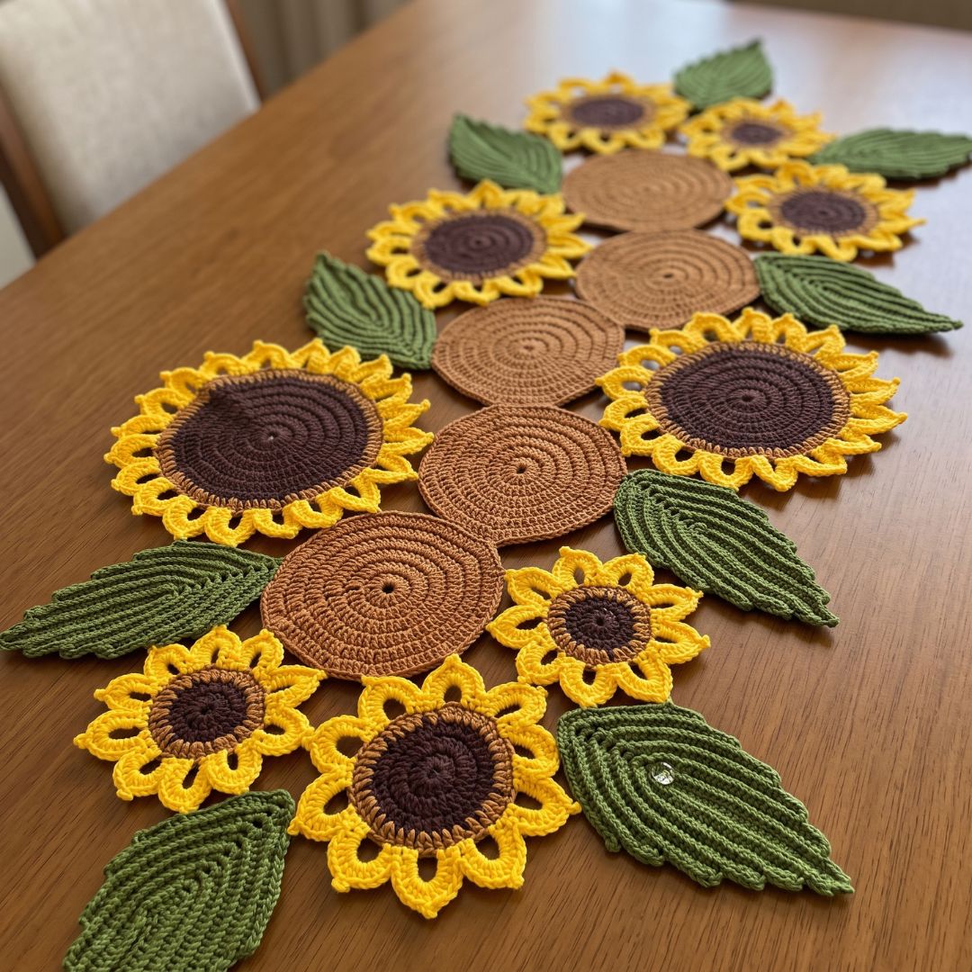 A crocheted table runner featuring a sunflower and circle pattern in yellow, brown, and green, laid out on a wooden dining table.