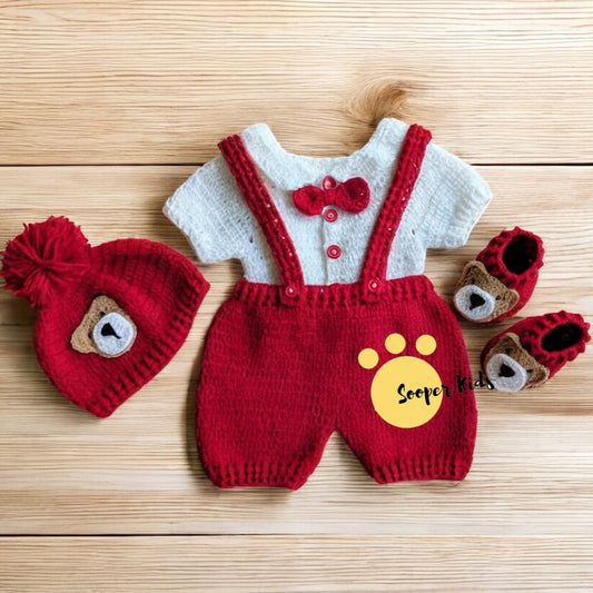 Crochet baby red bear outfit set with shirt, dungarees, hat and booties