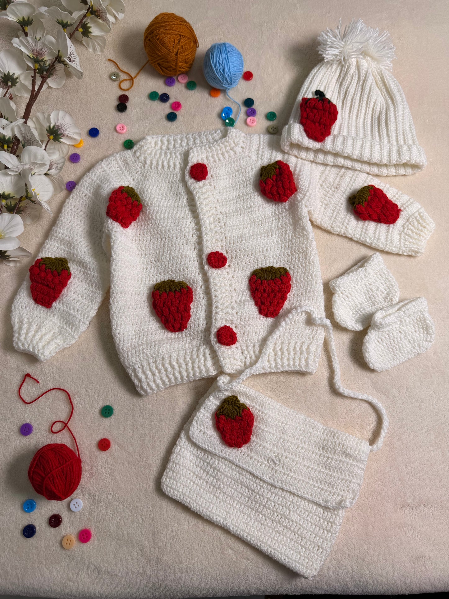 Crochet Baby Girl Strawberry Cardigan Set