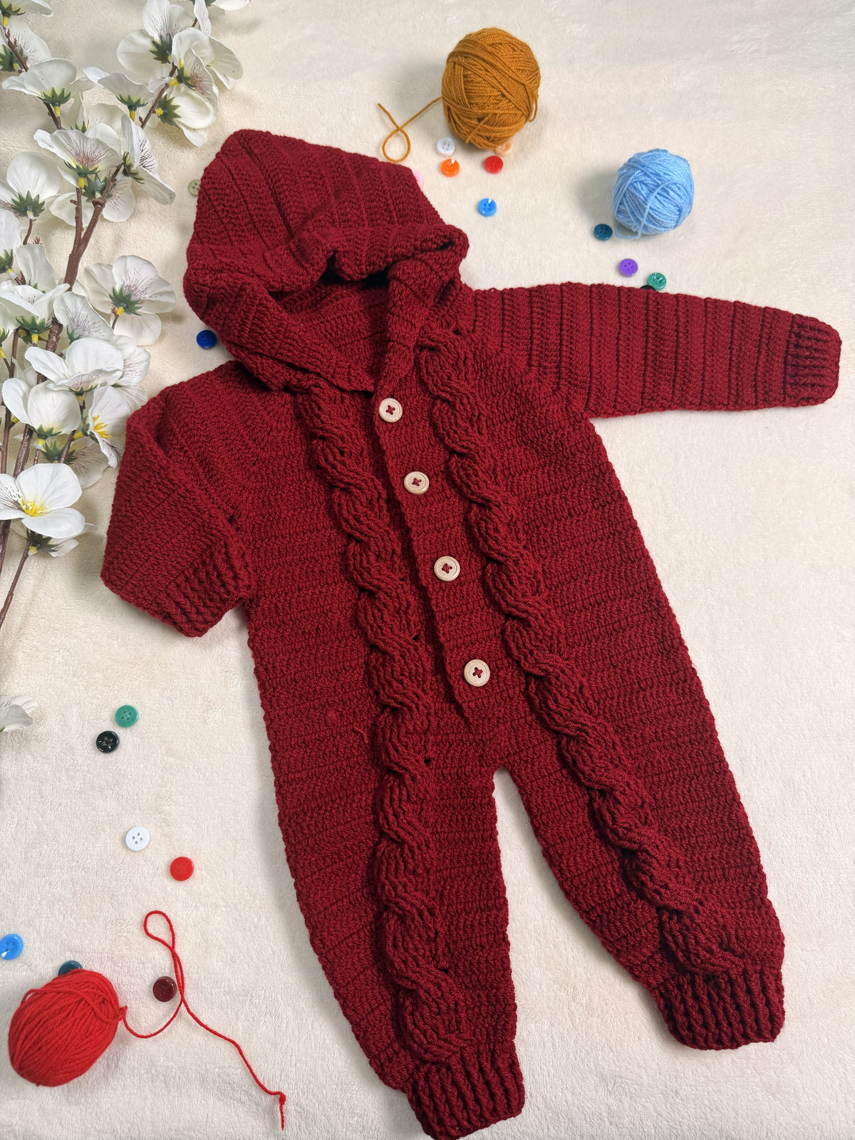Crochet Baby Maroon Bear Hooded Romper