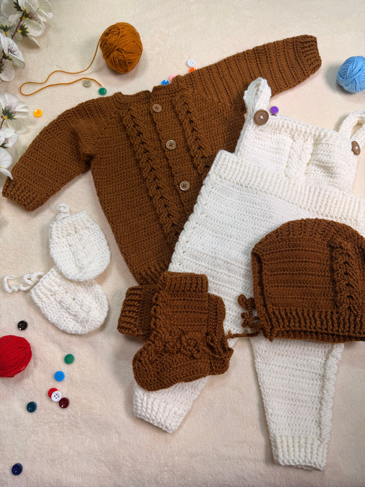 Crochet Baby Brown Cardigan and Dungaree Set