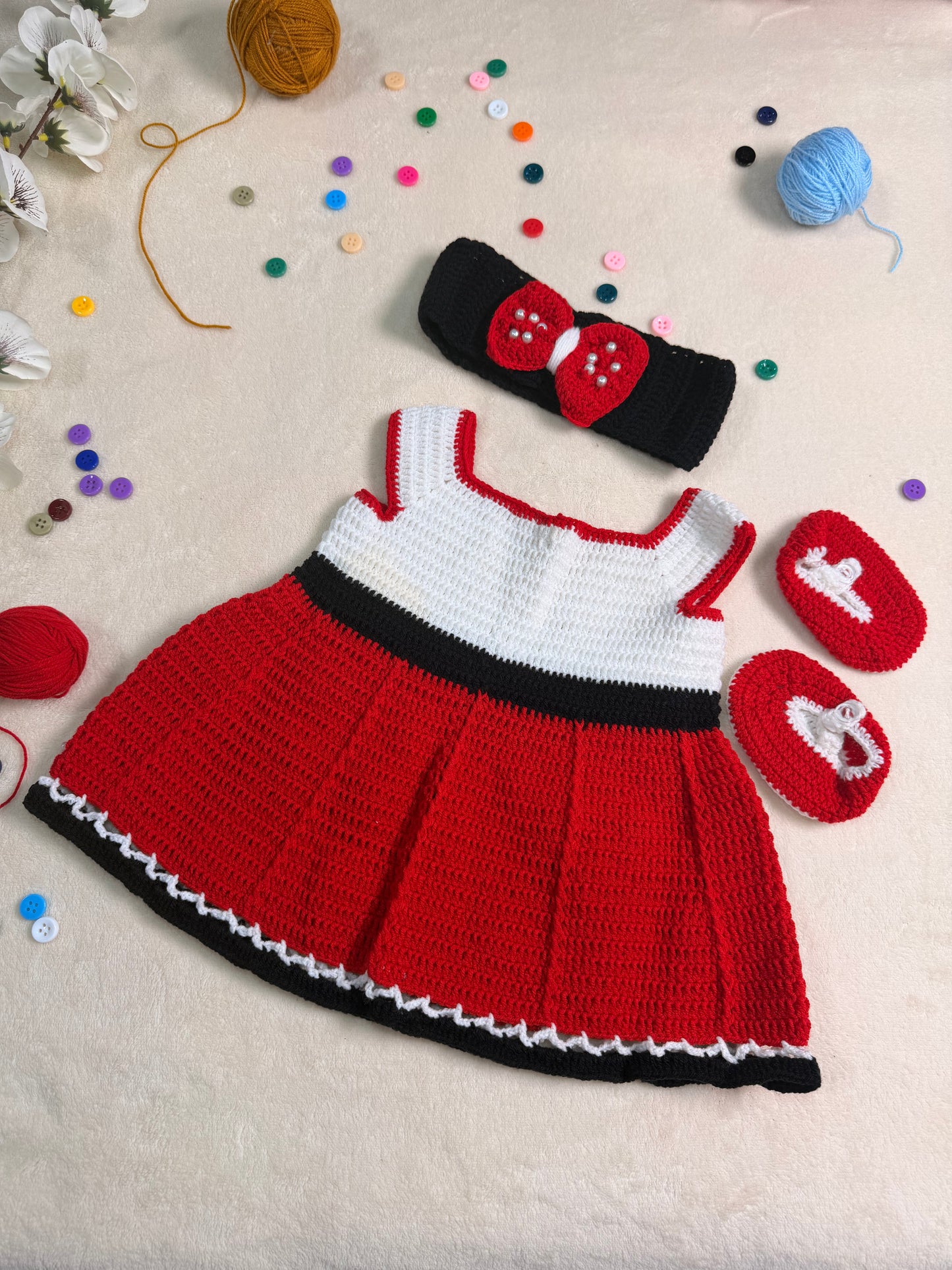 Crochet Baby Girl Red Dress Set with Shoes and Headband