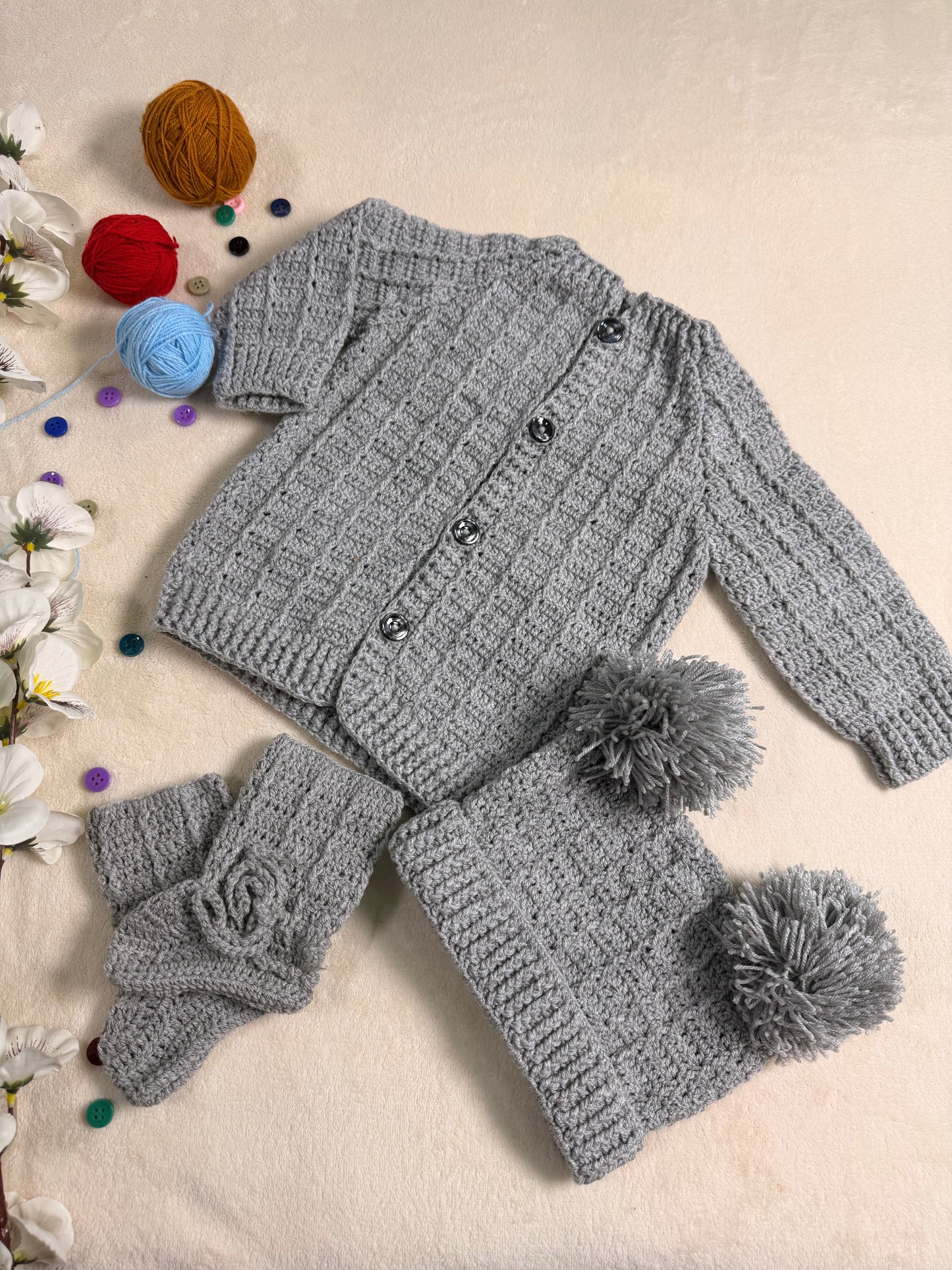 Crochet Baby Cardigan Cap and Booties Set