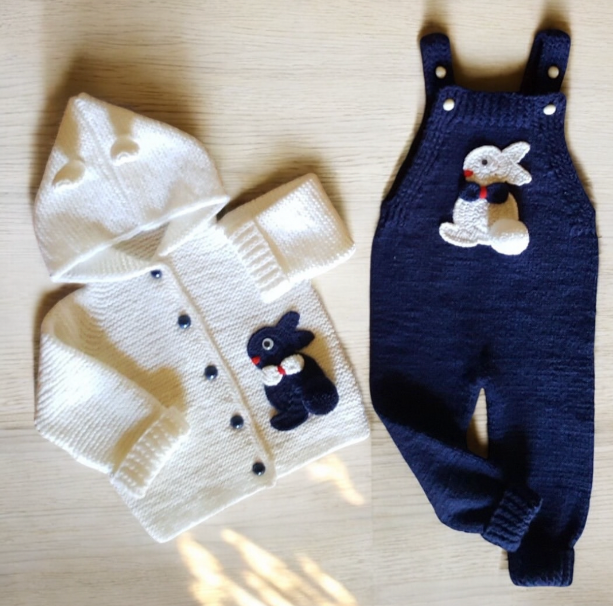 Crochet baby bunny hoodie and dungaree set in navy and cream