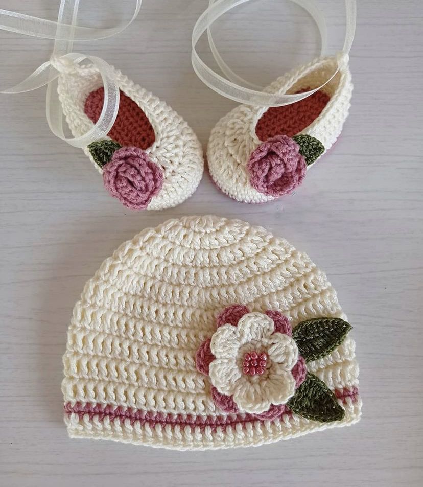 Handmade crochet baby cream rose cap and booties set