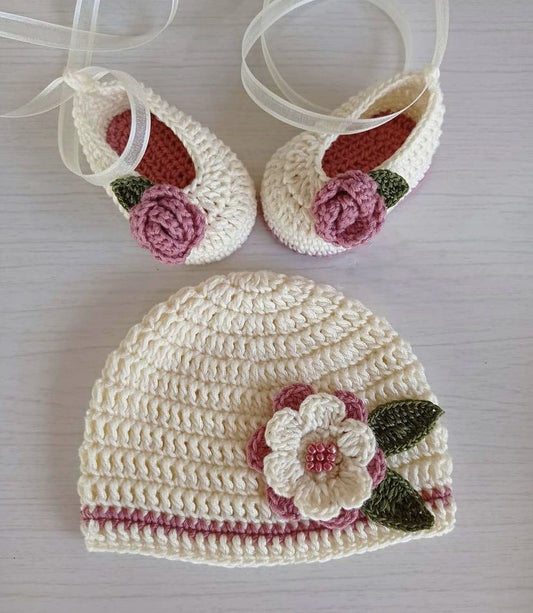 Handmade crochet baby cream rose cap and booties set