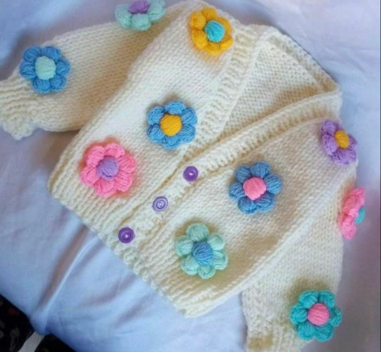 Crochet baby girl floral cardigan in cream with multicolour flowers