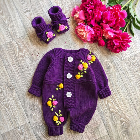 Crochet baby girl floral romper set