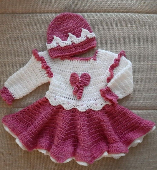Crochet baby girl heart dress and hat set in pink and white